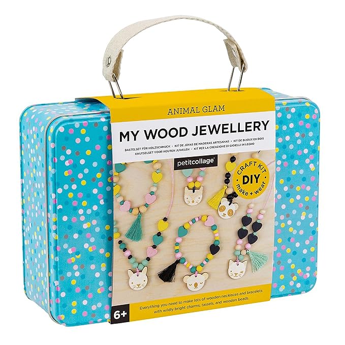 Petit Collage Animal Glam Wood Jewelry Set Craft Kit– Activity Set to Make Charm Bracelets and Necklaces for Women – Creative Toys for Ages 6+ – Ideal Crafts for Kids