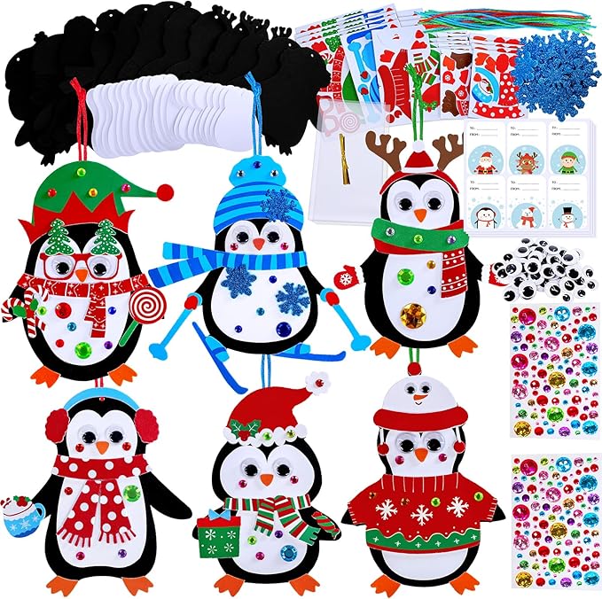 Winlyn 24 Sets Christmas Craft Kits Winter Crafts DIY Christmas Penguin Ornaments Decorations Art Sets Foam Penguin Christmas Stickers for Kids Holiday Festive Home Classroom Activities Party Favors