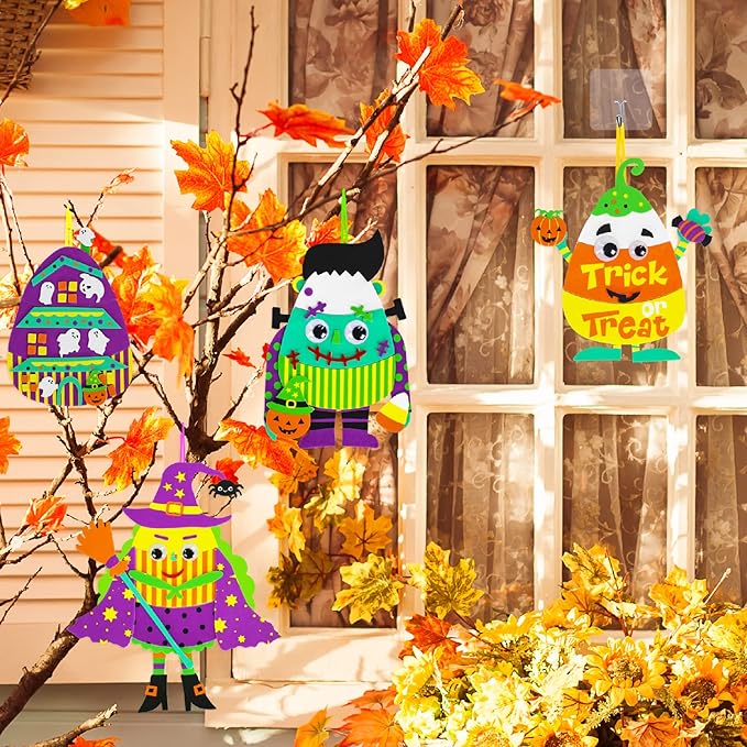 Winlyn 24 Sets Halloween Crafts Kits Fall Kids Crafts DIY Halloween Ornaments Decorations Art Sets Foam Monster Jack-o'-Lantern Stickers Googly Eyes for Kids Halloween Classroom Party Activities