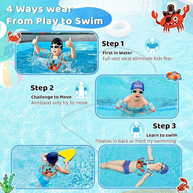 Vvinca Separable Toddler Swim Vest Fit 22-66 Lbs（1-6 Years）|2025 Newest 3 in 1 Pool Float & Arm Bands Boys and Girls, Adjustable Sturdy Safety for Infant 1 2 3 4 5 6 Year