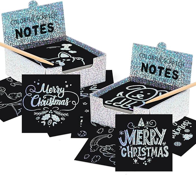BESTING Scratch Mini Art Notes 200 Sheets Silver Holographic Scratch Off Paper Cards with 4 Wooden Stylus for Kids Arts Craft Kits for Girls Boys Games Party Favors Birthday Halloween (SP200SV)