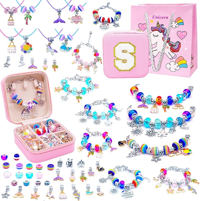 SUREHOME Charm Bracelet Making Kit Girls Christmas Gifts Unicorn Toy Jewelry Making Kit 8-12 Personalized Gifts for Ages 6 7 8 9 10 11 Year Old Girls Birthday Stuff Art Craft Supplies - Initial Box S