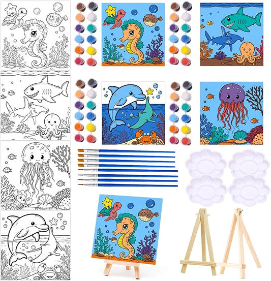 Yizeda 4 Packs 7.8x7.8 Pre Drawn Canvas Paint Set,Paint by Numbers for Kids,48 Paints 8 Brushes 2 Easels,Pre-Printed Acrylic Oil Painting Kit Ages 8-12 9-12 4-8 Pre Drawn Canvas for Painting for Kids