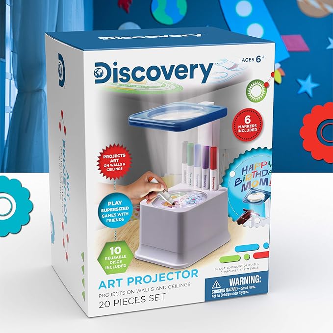 Discovery Kids Art Projector with Six Dry Erase Markers and 10 Reusable Drawing Discs, Draw on Reusable Transparent Sheets, Magnify and Project Art onto Ceilings, Walls, and More