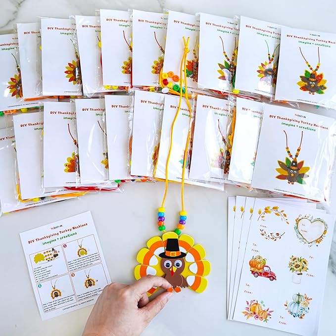 Winlyn 24 Sets Fall Craft Kits DIY Thanksgiving Turkey Necklaces Art Sets Autumn Maple Leaves Turkey Feathers Foam Thanksgiving Stickers for Kids Harvest Home Classroom Activities Party Favors