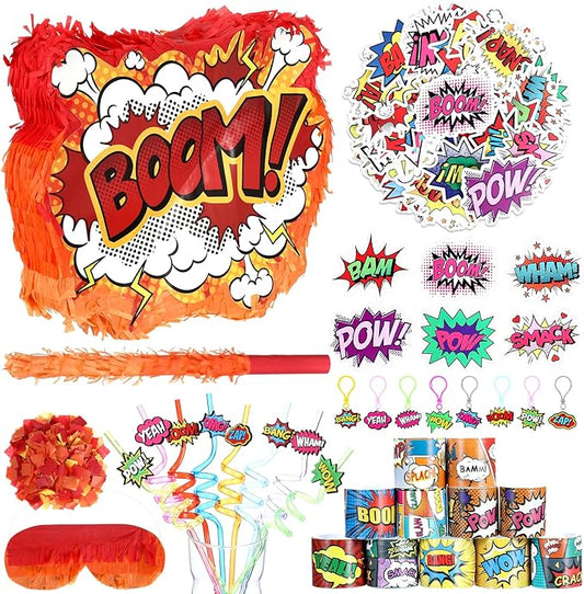 Quelay Hero Party Favor Birthday Supplies Including Hero Piñata Set Drinking Straws Keychains Slap Bracelet Stickers Carnival Classroom Prize Gifts Birthday Decorations for Kids