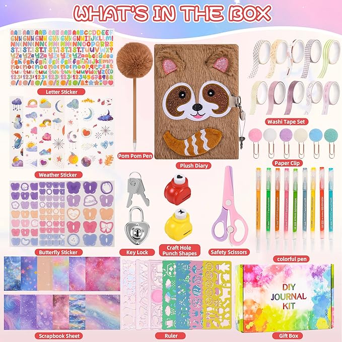 LiYiQ Plush Raccoon Diary Gift for Girls Kids Travel Journal Secret Diary with Scrapbook Paper Stickers Journal Stencils Pompom Pen and Washi Tape Practical Set Gift for Birthday Christma