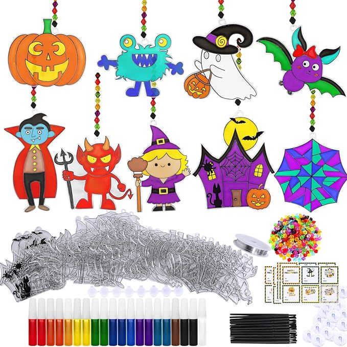 Winlyn 27 Sets Halloween Suncatchers Ornaments Decorations DIY Window Paint Art Suncatchers Halloween Craft Kits Bat Ghost Spider Monster Sun Catchers for Kids Classroom Party Activities Art Project