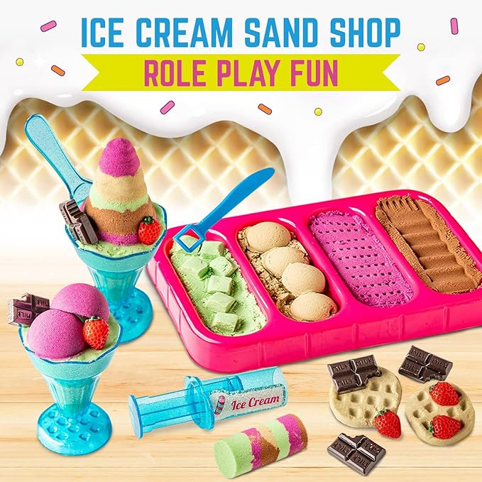 GirlZone Ice Cream Shop Play Sand for Kids, 22pcs Moldable Sand Kit - Serving Tools, Glasses, Spoon, Decorations, Stickers & 2lbs Colorful Sand, Fun Kids Sensory Toys, Ideal Easter Gifts for Kids
