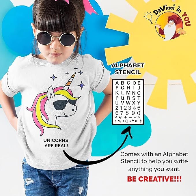 Coloring Shirt Kit for Girls with 10 Fabric Markers and Alphabet Stencil - DIY Arts and Crafts, Unicorn, Mermaid and Birthday Girl