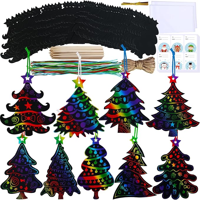 Winlyn 54 Sets 9 Styles Magic Color Scratch Black Christmas Tree Ornaments Christmas Tree Rainbow Scratch Art Decorations Christmas Craft Kit for Kids Classroom Activities Holiday Season Party Favors