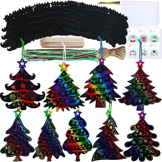 Winlyn 54 Sets 9 Styles Magic Color Scratch Black Christmas Tree Ornaments Christmas Tree Rainbow Scratch Art Decorations Christmas Craft Kit for Kids Classroom Activities Holiday Season Party Favors