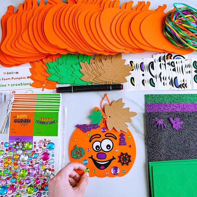 Winlyn 36 Sets Fall Halloween Pumpkin Decorations DIY Pumpkin Craft Kits Foam Pumpkin Shapes with Jack-O'-Lantern Face Glitter Halloween Stickers Maple Leaf for Kids Party Favors Classroom Activities