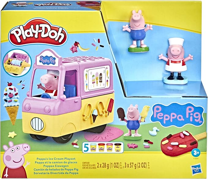 Play-Doh Peppa's Ice Cream Playset with Truck, Peppa Pig and George Figures, and 5 Non-Toxic Modeling Compound Cans, Toy for Kids 3 Years and Up