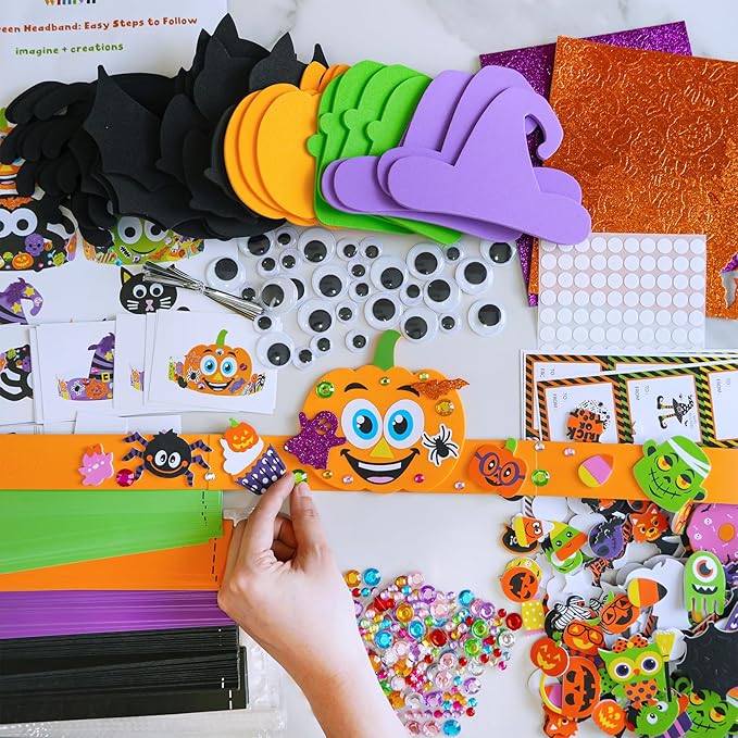 Winlyn 24 Sets Halloween Headbands Craft Kits DIY Crown Art Sets Spider Bat Jack-o'-Lantern Witch Hat with Halloween Foam Stickers Crafts for Kids Classroom Activities Halloween Party Trick-or-Treat