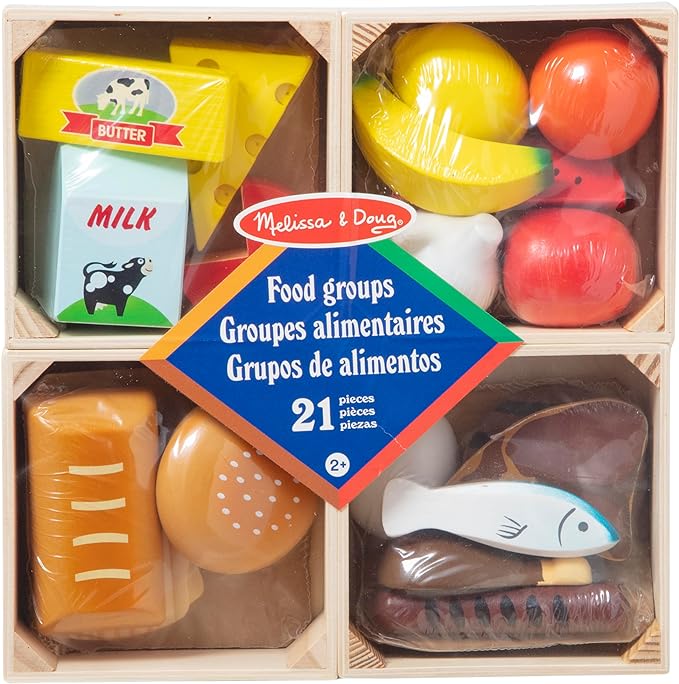 Melissa & Doug Food Groups - 21 Wooden Pieces and 4 Crates, Multi Play Food Sets For Kids Kitchen, Pretend Toy For Toddlers And Kids Ages 3+