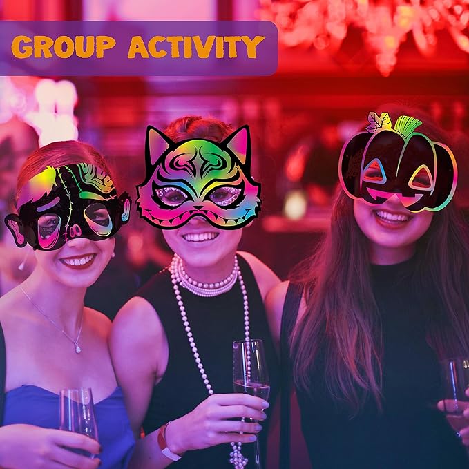 JOYIN 32 Pcs Halloween Rainbow Scratch Masks Crafts for Kids, Halloween Party Favors, Scratch Art Masks, Halloween Party Supplies, Scratch Off Paper Animal Masks Classroom Activities Gift Party Games