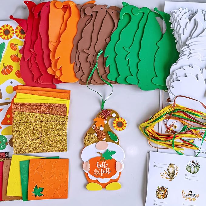 Winlyn 24 Sets Fall Craft Kits DIY Fall Gnome Ornaments Decorations Art Sets Fall Leaf Pumpkin Sunflower Foam Stickers Arts and Crafts for Kids Autumn Halloween Thanksgiving Activity Art Project