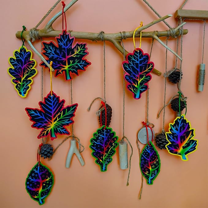 Winlyn 48 Sets 12 Styles Magic Color Scratch Black Fall Leaves Ornaments Decorations Autumn Scratch Art Leaves Fall Leaf Craft Kits for Kids Classroom Activities Halloween Thanksgiving Party Favors