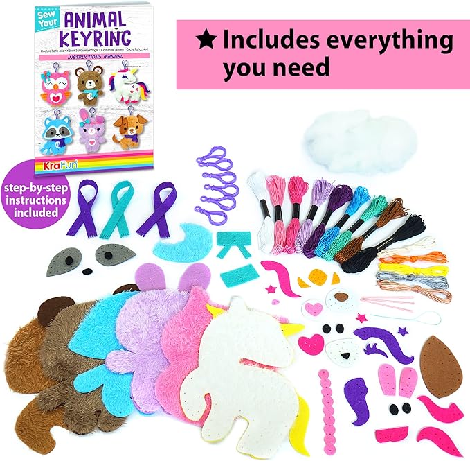KRAFUN Unicorn Sewing Keyring Kit for Kids Age 7 8 9 10 11 12 Learn Art & Craft, Includes 6 Stuffed Animal Bear, Dog, Rabbit, Raccoon, Owl Dolls, Instruction & Felt Materials