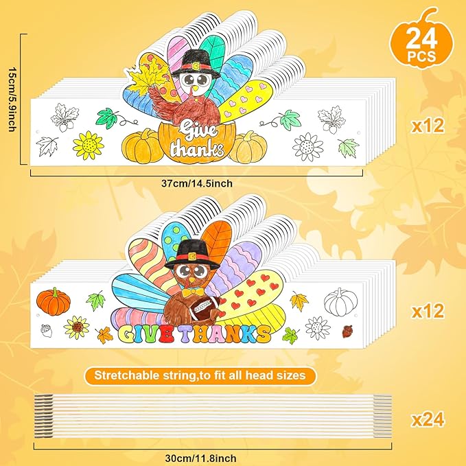 Color Your Own Turkey Crowns,24Pcs Thanksgiving Turkey Coloring Crowns Paper Turkey Hats Thanksgiving Crafts for Kids Family Classroom School and Holiday Craft Activity