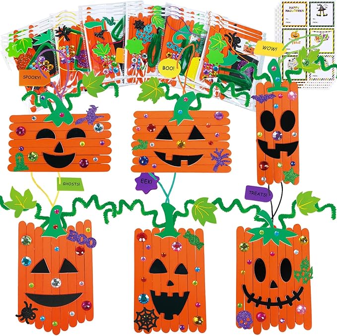 Winlyn 24 Sets Fall Crafts Kits Halloween Crafts Individual Fall Kids Crafts DIY Pumpkin Fall Decorations Craft Sticks Pumpkin Foam Stickers Arts and Crafts for Kids Classroom Activities Party Favors