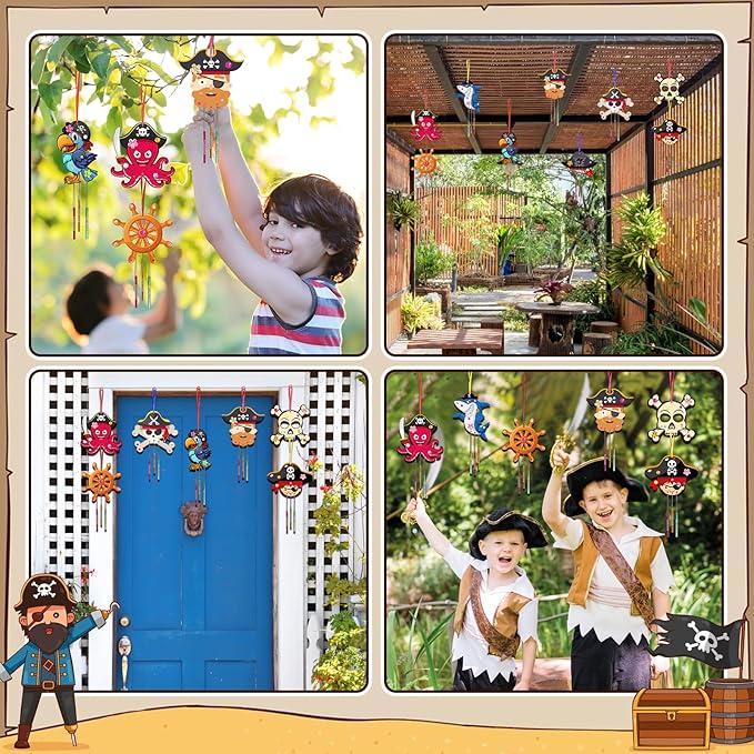Fennoral 9 Pack Wind Chime Kit for Kids Make Your Own Pirates Wind Chime Wooden Arts and Crafts for Girls Boys Ornaments DIY Coloring Pirates Craft for Christmas Art Activity Birthday Party
