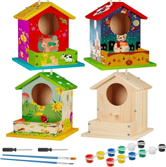Liliful 6 Pack Wooden Birdhouse Kit DIY Bird House with Paint and Paintbrushes Art and Crafts Painting Kits for Boys Girls Adults Build Paint Classroom Birthday Indoor Outdoor Craft