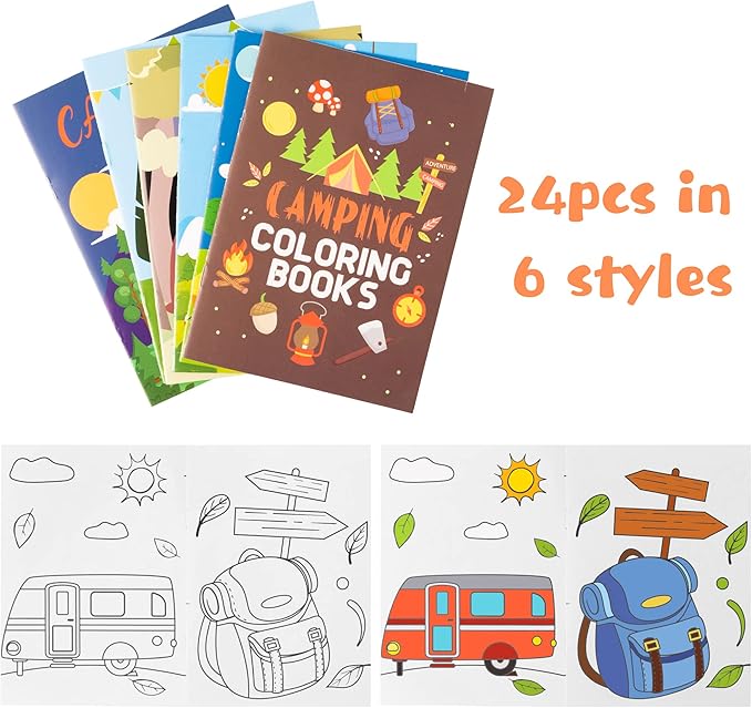 Dvbonike 24Pcs Camping Coloring Books Including Tent Camping Light Forest Bear Rabbit DIY Art Drawing Patterns Summer Birthday Party Favors Gifts Home School Activity Supplies for Kids Boys Girls