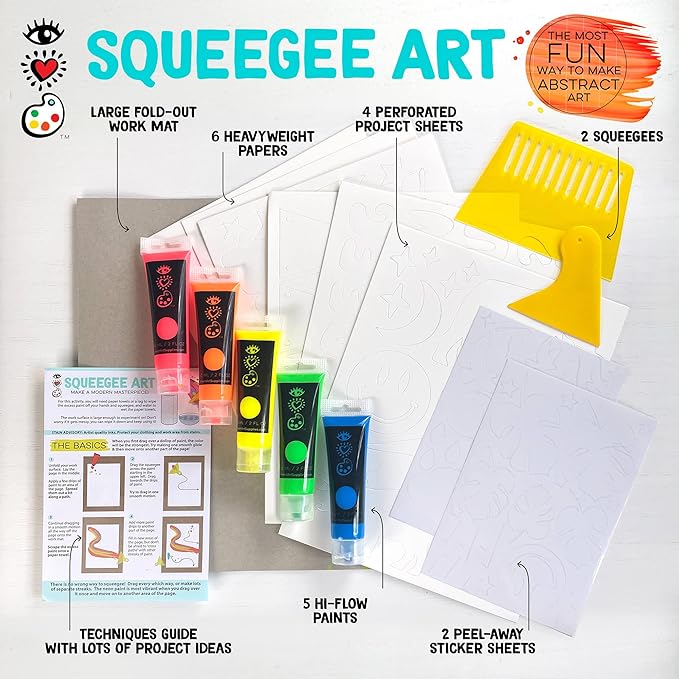 Bright Stripes iHeartArt Squeegee Art Kids Paint Kit, Childrens Painting Crafts Creativity Set, Including Paints, Squeegees, Paper, Stickers, Punch Outs and Work Surface, Great Creative Gifts