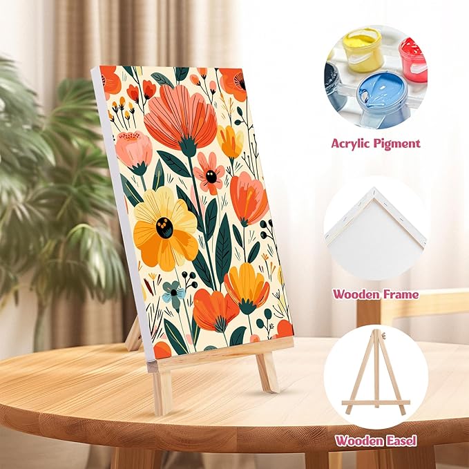 MISCER 4 Pack Paint by Numbers for Adults Beginner,Flowers Paint by Number Kits with Easel, DIY Acrylic Oil Painting Suitable for Home Decoration (8 * 12 Inch)