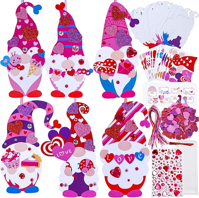 Winlyn 36 Sets Valentine's Day Gnome Ornaments Decorations DIY Valentine Gnome Craft Kits Assorted Gnome Shaped with Heart Valentine Stickers for Kids Valentine Classroom Activities Gift Exchange