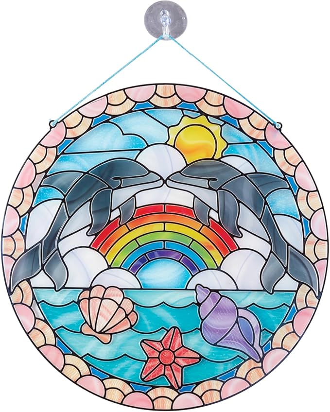 Melissa & Doug Stained Glass Made Easy Craft Kit: Dolphins - 180+ Stickers , Ocean Animals Crafts For Kids Ages 5+