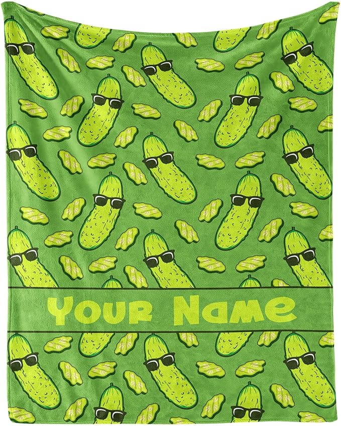 Custom Pickle Blanket with Name for Boys Girls, Personalized Cute Pickle Themed Design Printed Throw Blankets for Kids Lap, Chair, Giftable Blanket, 30"x 40"