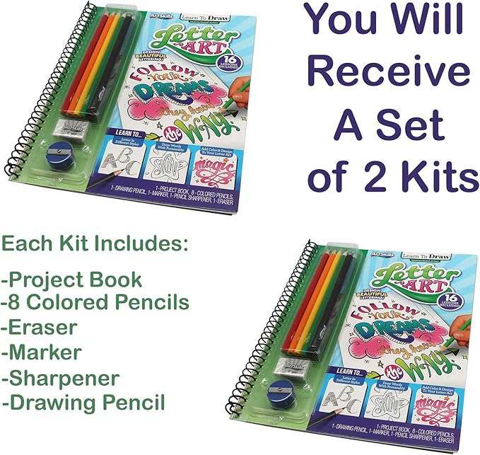 Art Supplies for Kids, Set of 2 Learn to Draw; Letter Art, for Boys & Girls, Teens & Adults, Kit Includes Project Book, Color Pencil Set, Eraser, Sharpener, Drawing Pencil, Marker
