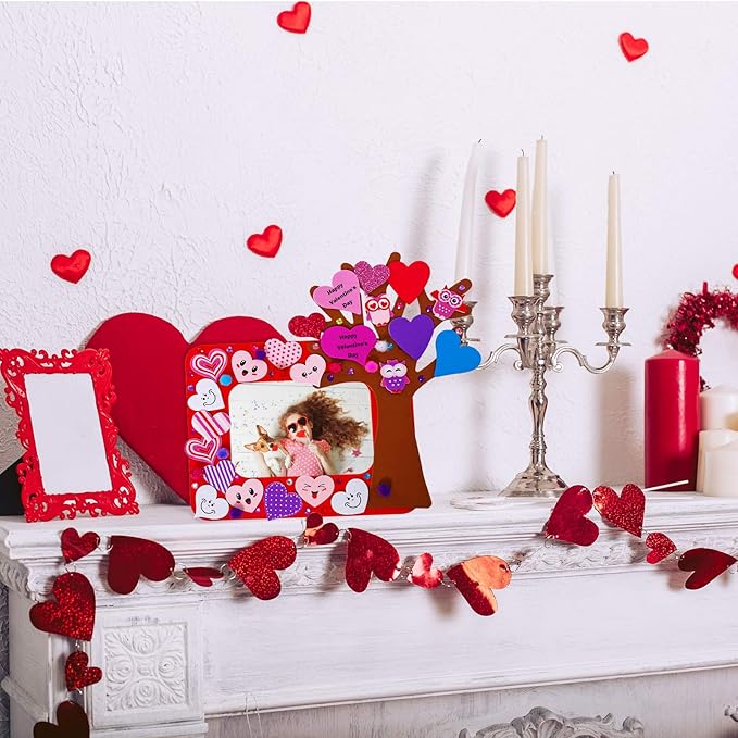 Winlyn 12 Sets Heart Picture Frames Decorations Valentine Crafts Kits DIY Heart Frames Art Sets Smile Hearts Foam Valentine Stickers for Kids Valentine's Day Party Classroom Activities Gift Exchange