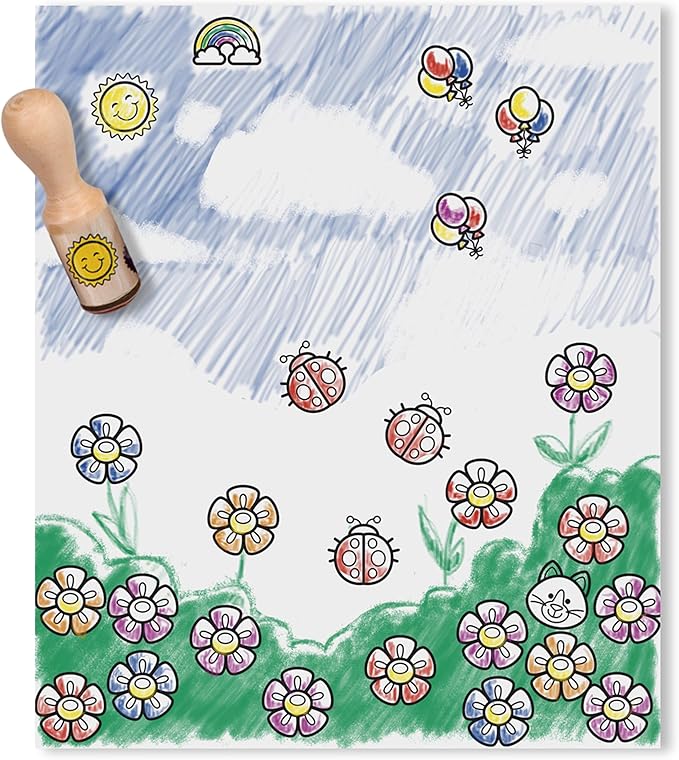 Melissa & Doug Deluxe Happy Handle Stamp Set With 10 Stamps, 5 Colored Pencils, and 6-Color Washable Ink Pad