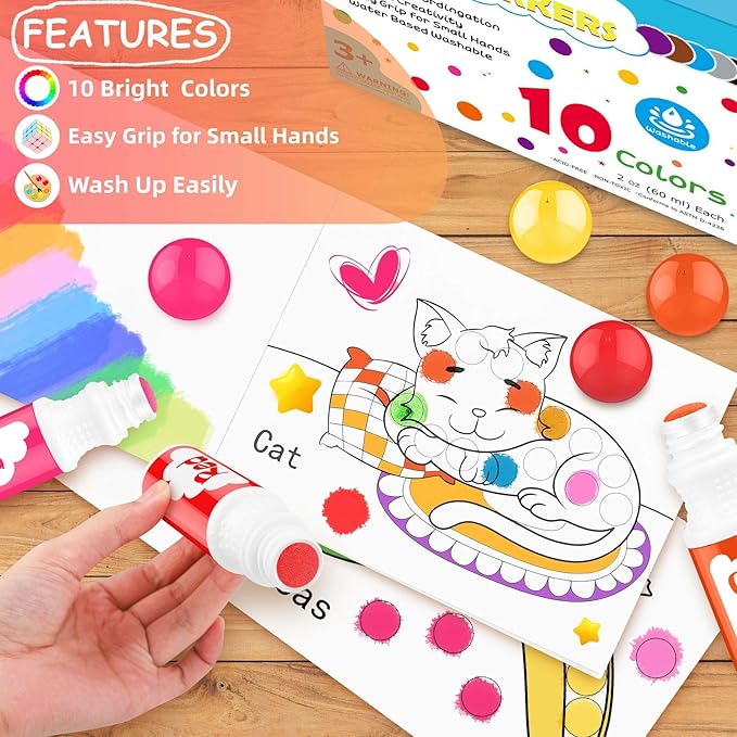 Easter Basket Stuffers, Soucolor Washable Dot Markers Easter Gifts for Toddlers Kids Preschool, 10 Colors 2 oz Bingo Daubers Paint Markers Set with 48 Pages Tearable Activity Book for Toddler Art Kits