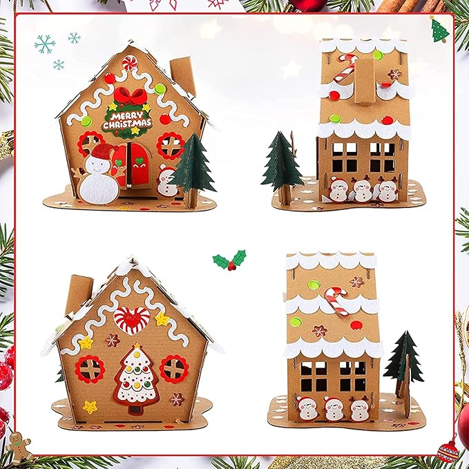 Sumind 3 Sets Christmas Gingerbread House Kit Small Xmas DIY Craft Kit Mini Christmas Cardboard Make-a-Gingerbread House Craft for Christmas Party Craft Holiday Supplies Decor(Classic Style)