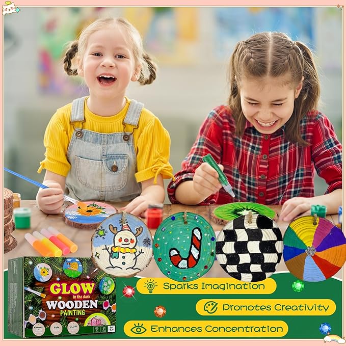 Wood Painting Art Kits for Kids - Arts and Crafts for Kids Ages 6-9 8-12, Gifts for Girls Boys Art Supplies, Glow in The Dark Wooden Painting Set, Birthday Party Activities