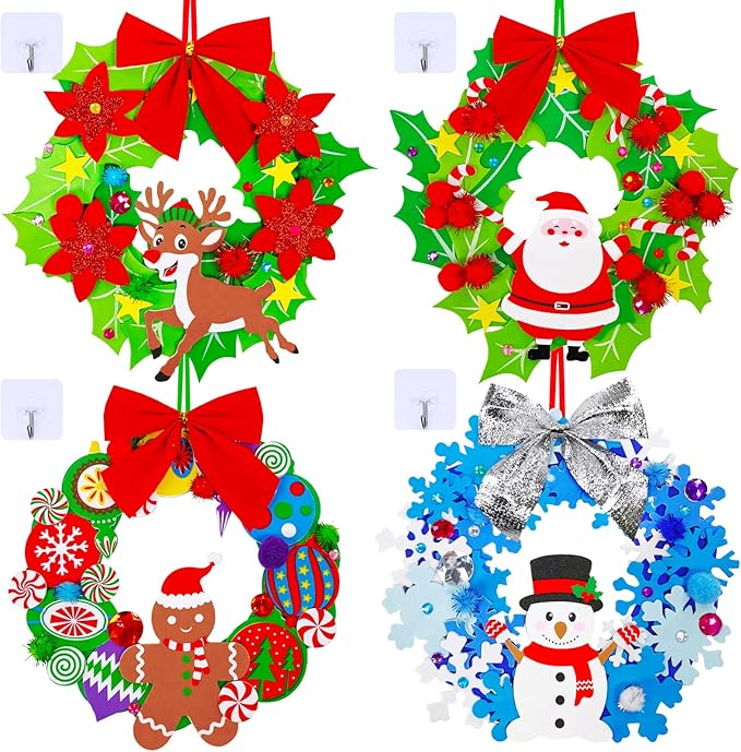 Winlyn 12 Sets Christmas Craft Kits Winter Crafts DIY 3D Christmas Wreath Ornaments Art Sets Santa Snowflake Snowman Christmas Foam Stickers Arts and Crafts for Kids Holiday Home Classroom Activities
