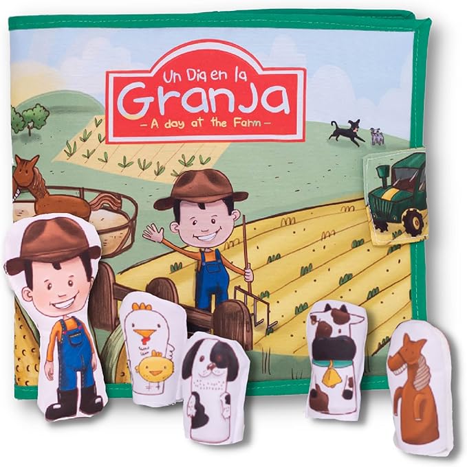 Bilingual Quiet Book for Toddlers | Written in English and Spanish | 5 Finger Puppets and 1 Plush Toy Included | Montessori Inspired for Toddlers | Carry on Travel Toy | Libros en Español para Niños.