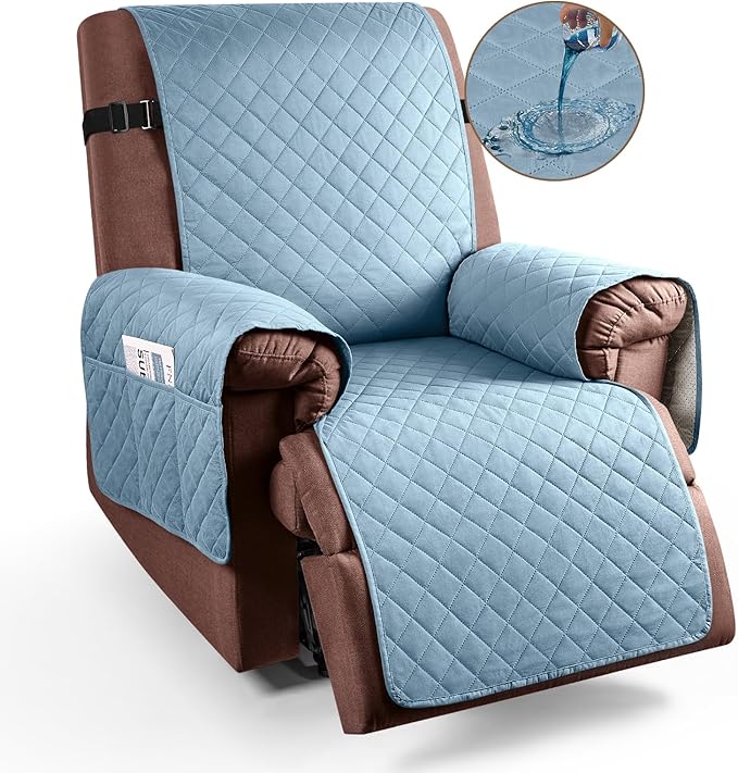 KinCam 100% Waterproof Recliner Chair Cover, Reclining Couch Covers for Pets, Dogs, Recliner Couch Slipcover Furniture Protector with Elastic Straps for Kids(28", Light Blue)