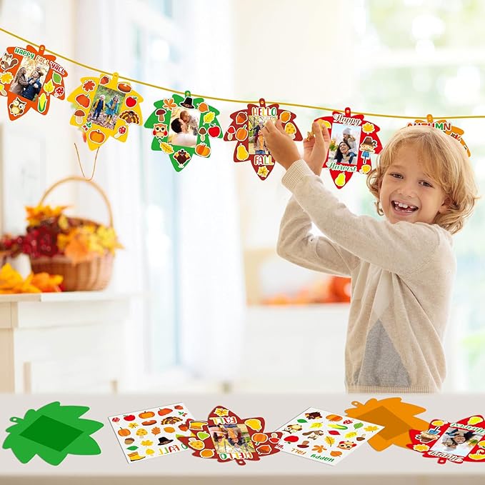 Qyeahkj 36 Sets Fall Thanksgiving Craft for Kids DIY Autumn Leaves Picture Frame Craft Kit with Easel Maple Leaf Fun Photo Frame Craft and Arts Kit for Home Class Kindergarten Party Art Activity