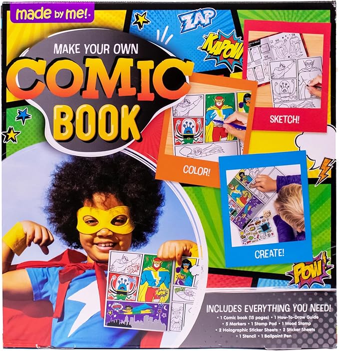 Made By Me Make Your Own Comic Book Storytelling Kit for Kids, 15-Page, Hardcover, How-to Draw Instructional Guide, Comic Inspired Stickers & Stamp, Holographic Stickers, 5 Vibrant Markers