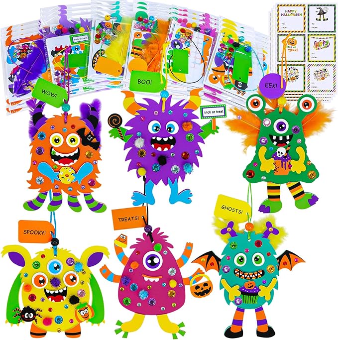 Winlyn 24 Sets Halloween Crafts for Kids Individual Halloween Craft Kits Fall Crafts DIY Monster Ornaments Foam Monster Crafts Halloween Arts and Crafts for Kids Classroom Art Activities Party Favors