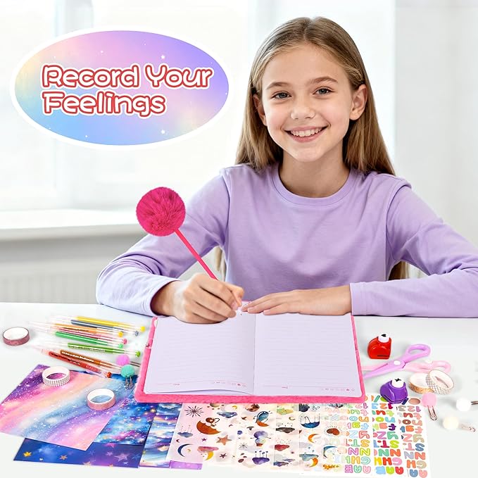 LiYiQ Plush Flamingo Diary Gift for Girls Kids Travel Journal Secret Diary with Scrapbook Paper Stickers Journal Stencils Pompom Pen and Washi Tape Practical Set Gift for Birthday Christma