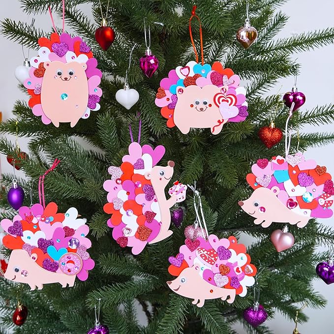 Winlyn 24 Sets Heart Hedgehog Ornaments Decorations Valentine Crafts Kits Heart Hedgehog Art Sets Heart Foam Valentine Stickers for Kids Valentine's Day Party Classroom Activities Gift Exchange