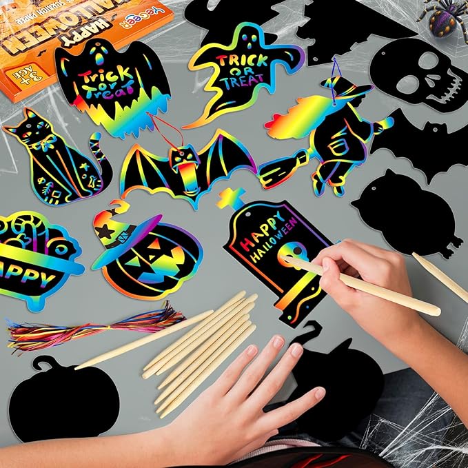 YEGEER 96PCS Halloween Craft Kit for Kids, Magic Scratch Off Paper Hanging Ornaments Set with 48pcs Wooden Stylus, 96pcs Cords for Halloween Games, Party Favors, Art Craft Supplies