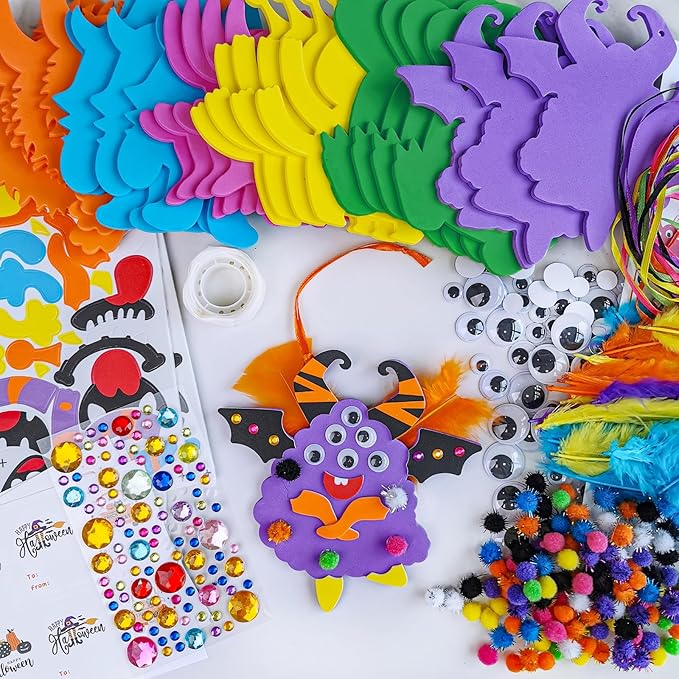 Winlyn 24 Sets Halloween Craft Kits Fall Kids Crafts DIY Monster Ornaments Decorations Art Sets Foam Halloween Monster Stickers Googly Eyes for Kids Autumn Halloween Classroom Party Activities